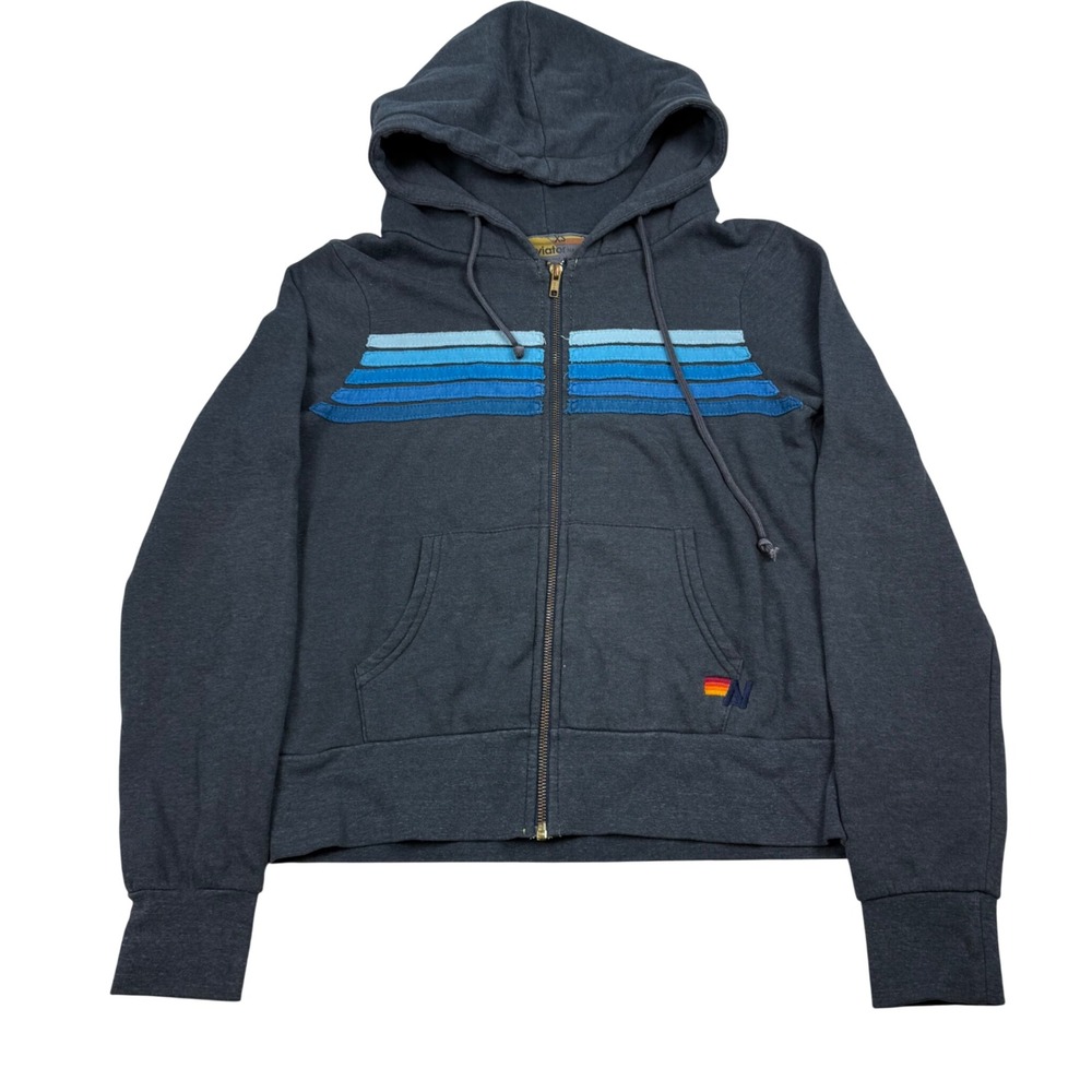 Aviator Nation 5 Stripe Zip Up Hoodie Charcoal Blue XS Made in USA Surf Retro